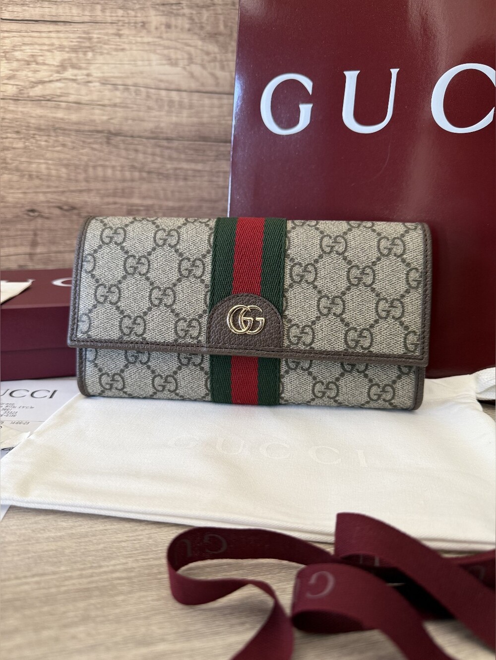 Gucci Beige GG Supreme Wallet with Green and Red Web and Brown Trim